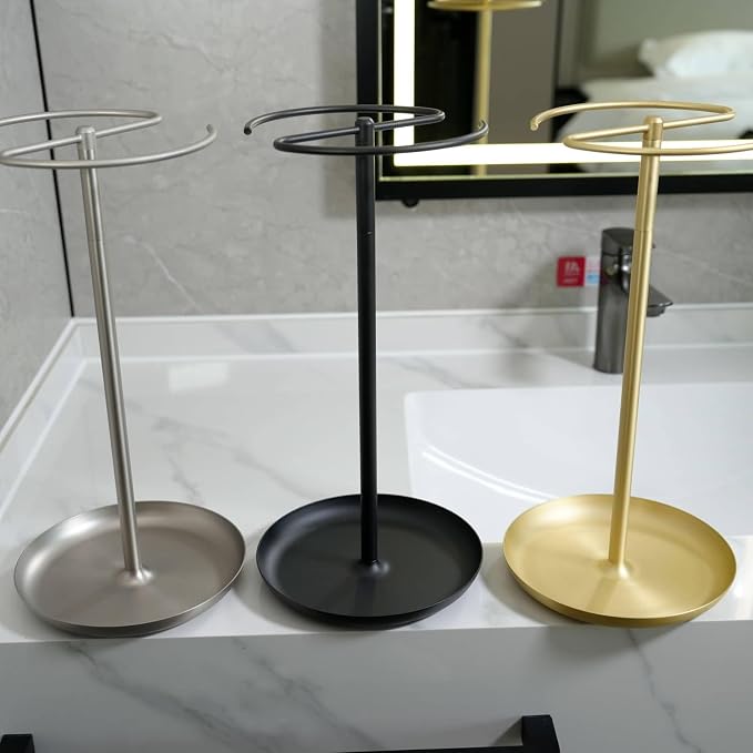 Hand Towel Holder Countertop with Storage Tray Weighted (Brushed Gold) | heavier base | electroplated for a lasting shine | bathroom organizer | storage tray for watch, necklaces, glasses, earring