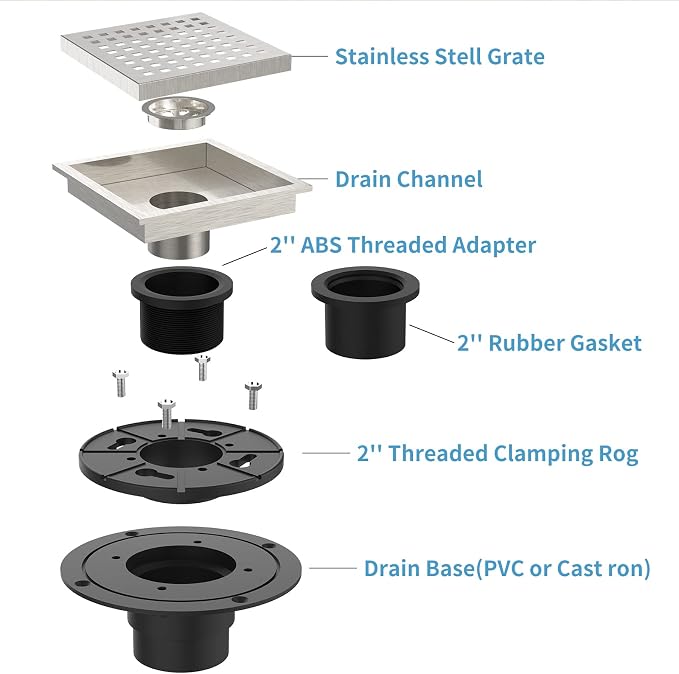 6 Inch Square Shower Floor Drain, Brushed Nickel High Flow Shower Drain Kit with Flange, Removable Grid Cover and Hair Filter, Food-Grade SUS 304 Stainless Steel, CUPC Certified(Brushed Nickel)