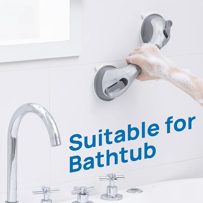 LEVERLOC Grab Bars for Shower 2 Pack Suction Bathtub Safety Rails, Heavy Duty 12 Inch Shower Handle Removable Bath Handrails for Seniors and Elderly, Bathroom Safety Grip No Drilling Waterproof Silver