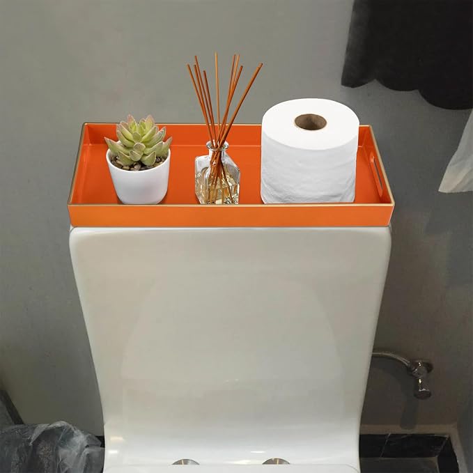 MAONAME Orange Vanity Tray, Plastic Decorative Tray, Rectangular Trays with Handles, Narrow Bathroom Trays for Toilet Tank, 13.8" X 6" X 1.57"