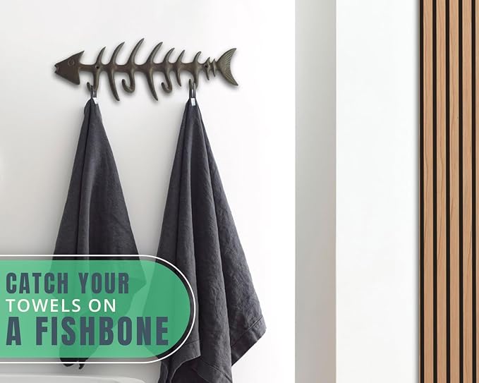Comfify Rust Brown Fish Bones Cast Iron Wall Hook Rack – 4 Hooks, Screws | Rust Brown; fish bones cast iron; 25"L x 3.34"H; 4 hooks; screws & anchors included; coastal nautical decor