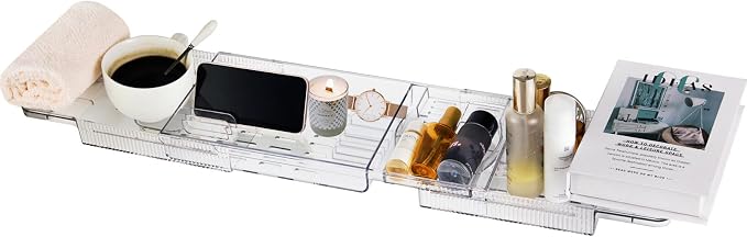 Expandable Bathtub Tray for Tub, Clear Acrylic Bath Caddy with Anti-Slip Design, Waterproof Bathroom Storage, Bath Organizer for Women, Fits Most Tubs up to 31.7" Ideal for Women and Adults