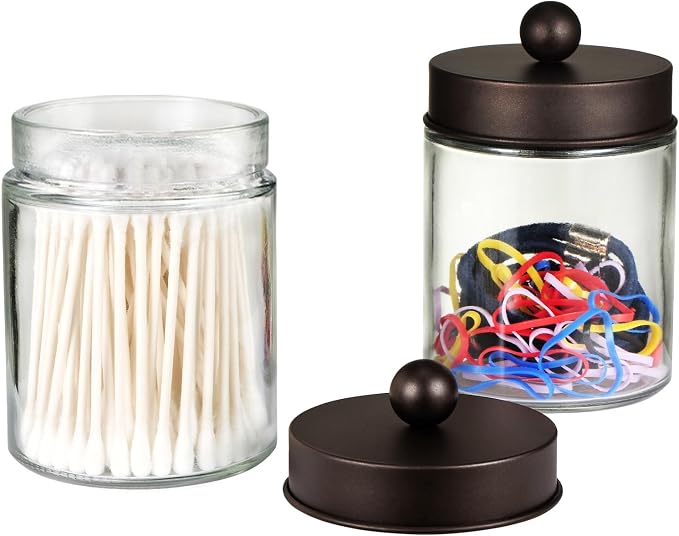 SheeChung 3 Pack Glass Qtip Holder with Bronze Stainless Steel Lids | Apothecary Jars with Stickers, Countertop Canister Guest Bathroom Storage Organizer Set for Cotton Swabs/Balls, Floss Picks