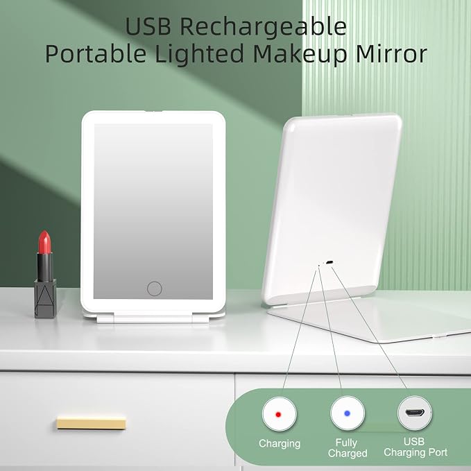 FUNTOUCH Rechargeable Travel Makeup Vanity Mirror with Lights Storage Bag | Portable Lighted Beauty Mirror, 3 Lighting Modes, Dimmable Touch Screen, Tabletop Folding Cosmetic Mirror with Storage Bag