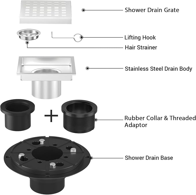 EXF Square Shower Drain 4-3/8 Inch Brushed Nickel, Stainless Steel Shower Floor Drain Kit with ABS Flange, Removable Cover Grid Grate, Hair Strainer