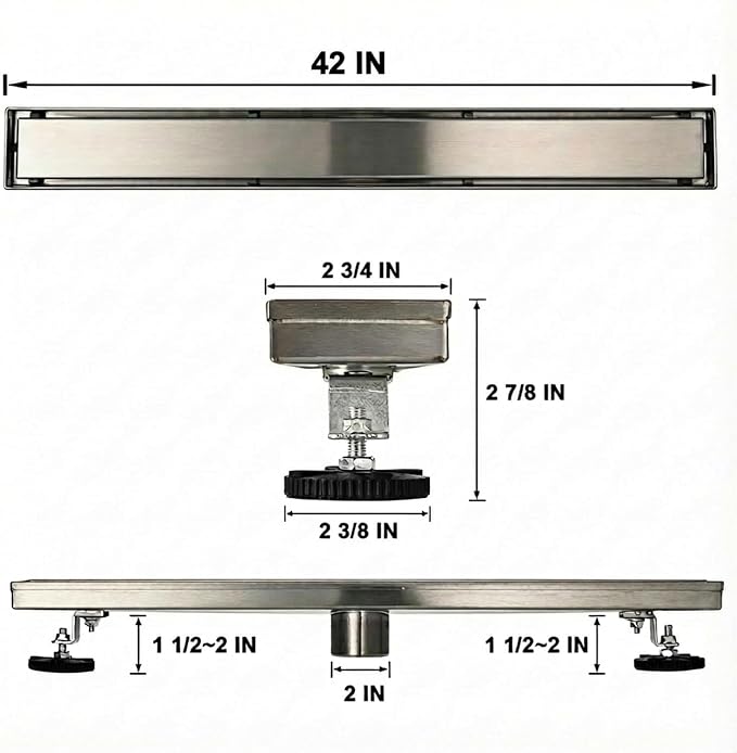 AVSIILE Linear Shower Floor Drain, 42 Inch Brushed Nickel 304 Stainless Steel Bathroom Drains Kit, Rectangular Shower Trench Drain with Reversable Tile-in Pattern Drain Cover & Hair Catcher