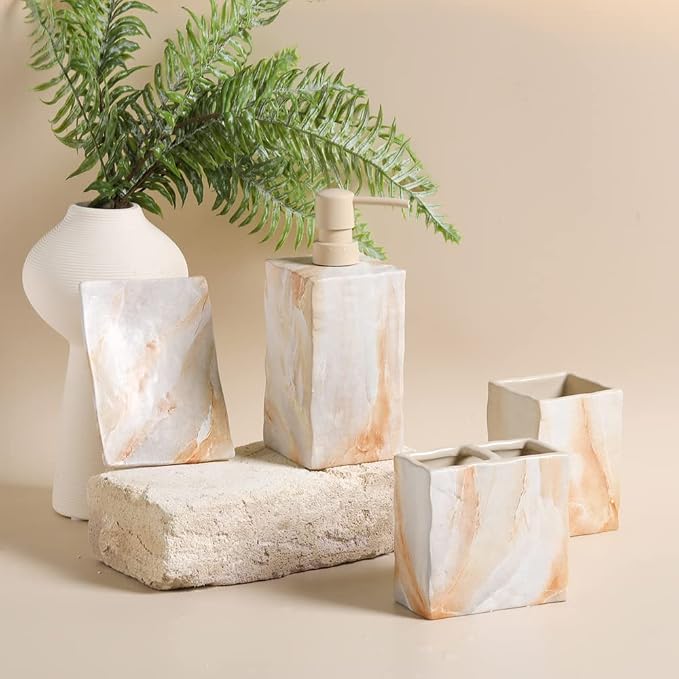 RQYIXI Ceramic 4-Piece Bathroom Accessories Set, Beige, Marble Design | marble look ceramic square design unique veining pattern modern countertop organization