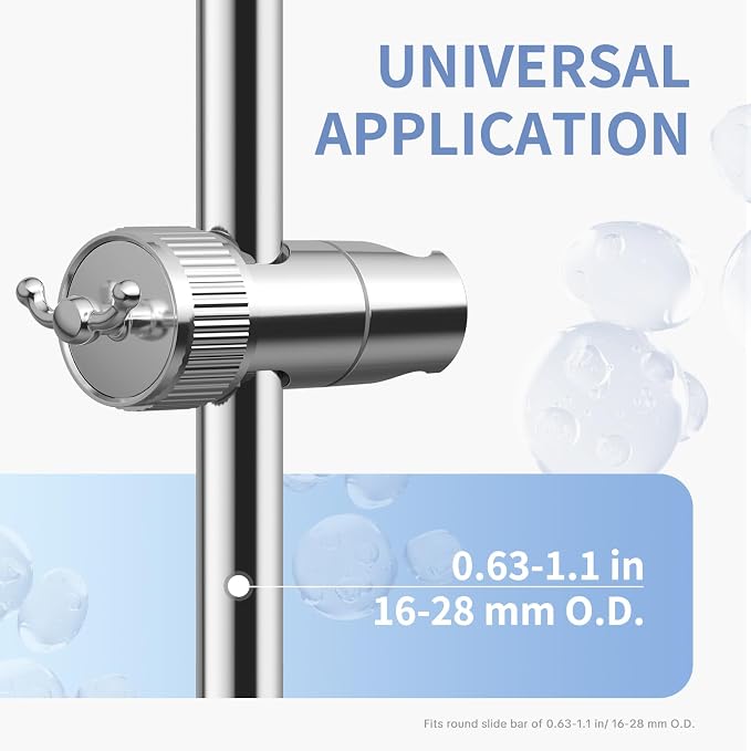 OFFO Shower Head Holder, Adjustable Handheld Shower Head Holder with 2 Hooks for 0.79-0.9 in Shower Hose, 360 Degree Rotation Shower Handle Holder for 0.63-1.1 in O.D. Shower Slide Bar, Chrome