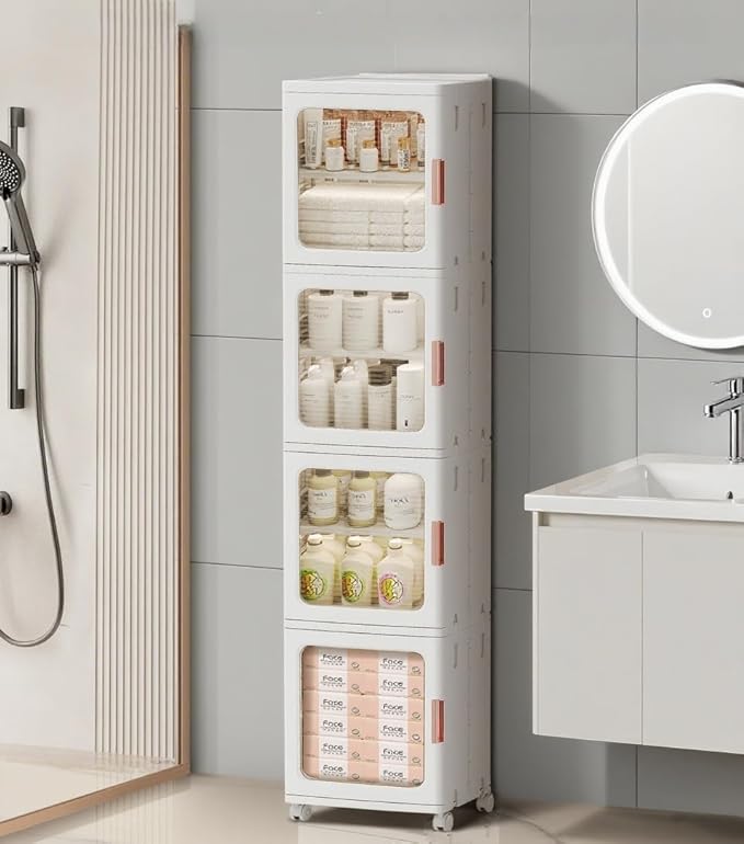 4-Tier Narrow Storage Cabinet Foldable Plastic Bathroom Organizers with Magnetic Doors & Adjustable Shelves, Slim Storage for Small Spaces Pantry Kitchen Laundry Room Quick Assembly, White
