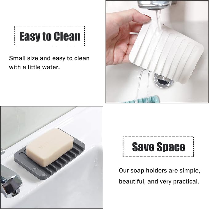 4PCS Self Draining Soap Holder, Premium Silicone Soap Dish, Waterfall Drainer Soap Saver for Bathroom, Kitchen, Bath Tub, Extend Soap Life, Keep Soap Bars Dry Easy Clean (Grey & Teal)