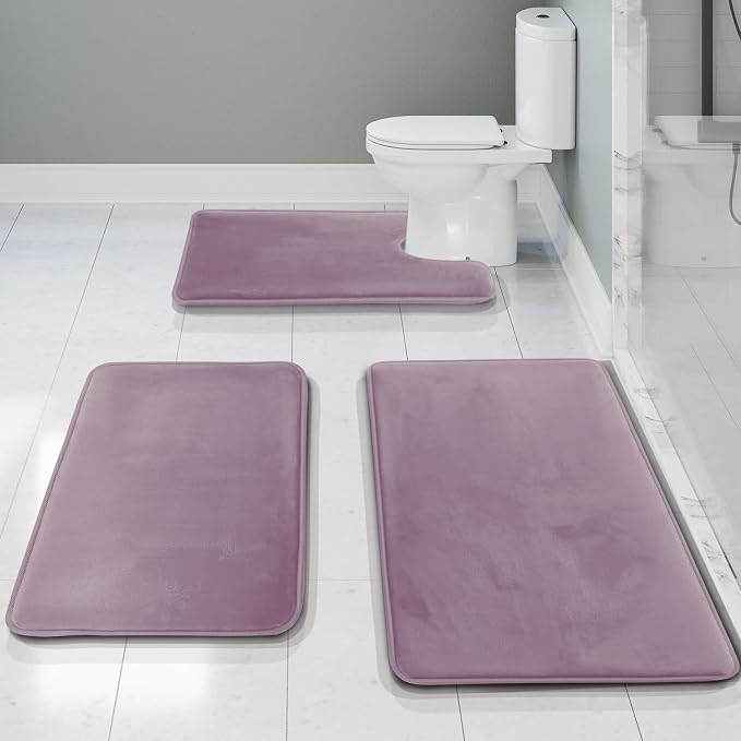 Clara Clark 3 Piece Bathroom Rugs, Velvet Memory Foam Bath Mat Set, Non-Slip Bath Rugs, Machine Wash, Dries Quickly, Ultra Soft Plush Bath Mats for Bathroom, 17 x 24/20 x 32 / Contour, Dusty Purple