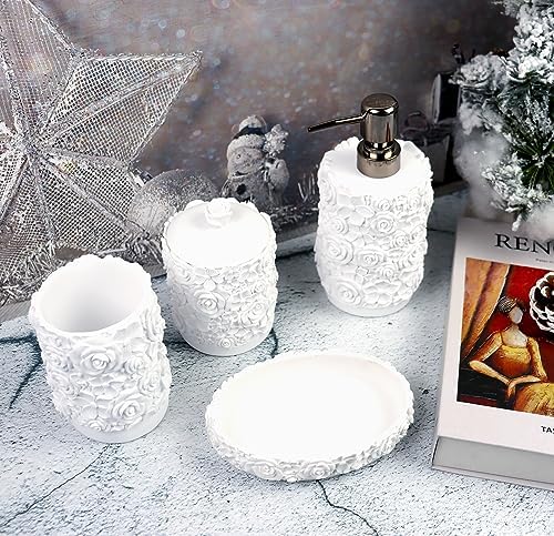 Hymmah Bathroom Accessories Set,Rose Design Bathroom Set,Farmhouse Bathroom Decor,4 Pcs Resin Gift Set Apartment Necessities, Contain Cotton Swab Jar,Soap Dispenser,Soap Dish,Tumbler White