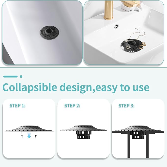 Aluvor Bathtub Drain Hair Catcher,Silicone Tub Hair Catcher Drain Protector | Collapsible Shower Hair Drain Catcher Strainer for 1.48'' to 1.76'' Flat Regular Drains, 3PCS/Black