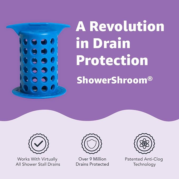 ShowerShroom the Revolutionary 2" Stand-Up Shower Stall Drain Protector Hair Catcher/Strainer, Blue