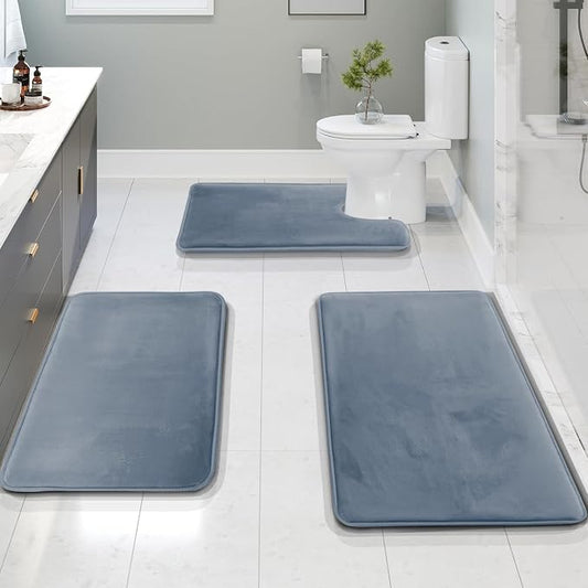 Clara Clark 3 Piece Bathroom Rugs, Velvet Memory Foam Bath Mat Set, Non-Slip Bath Rugs, Machine Wash, Dries Quickly, Ultra Soft Plush Bath Mats for Bathroom, 17 x 24/20 x 32 / Contour, Stone Blue