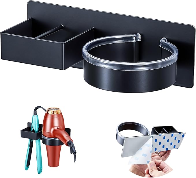 Hair Dryer Holder Wall Mounted, Hair Straightener Holder, Blow Dryer Holder Adhesive, Hair Tool Organizer for Flat Iron, Hairdryer, Curling Iron Holder for Bathroom Vanity Barber Shop (Black)