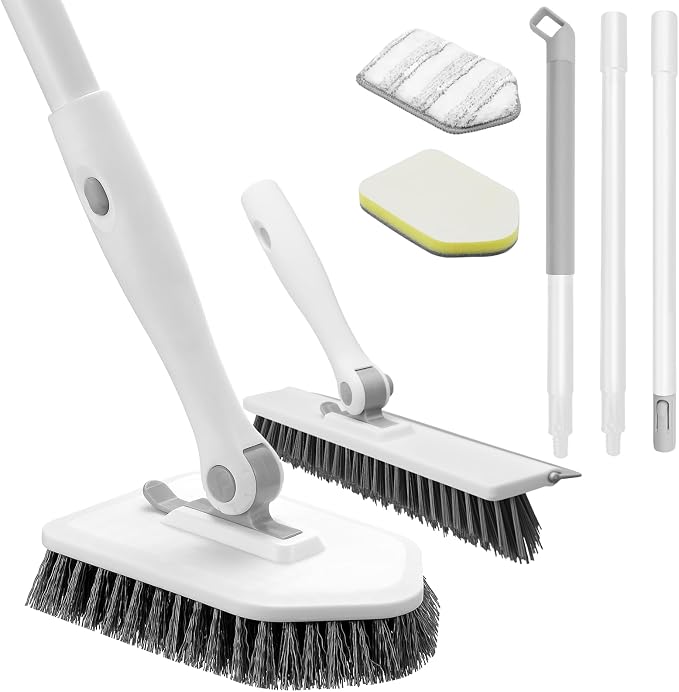 nacena Shower Scrubber with Long Handle, 4 in 1 Tile Tub Scrubber Brush with 3 Detachable Cleaning Heads and V-Shaped Grout Brush Shower Cleaner Brush for Bathroom Kitchen Toilet Tub Sink, Grey White