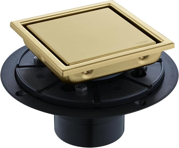 4-Inch Square Shower Drain, Brushed Gold Floor Drain with Flange, 304 Stainless Steel Bathroom 2-in-1 Tile Drain