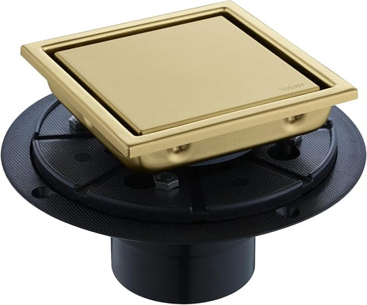 4-Inch Square Shower Drain, Brushed Gold Floor Drain with Flange, 304 Stainless Steel Bathroom 2-in-1 Tile Drain