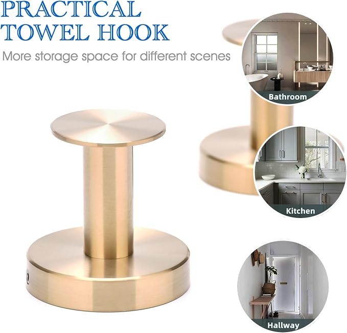 NEWRAIN Bathroom Towel Hooks, 2 Pack Towel Holder for Bathroom Wall, Cabinet Closet Door, Kitchen, Bedroom, Hotel - Modern Design Effortless Mounting Towel Hangers, Robe Hook Brushed Gold