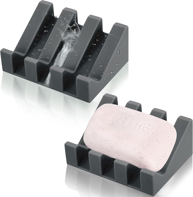 Cunhill 2 Pieces Silicone Soap Dish Self Draining Soap Dish Shower Waterfall Bar Soap Holder Tray with Drain Soap Saver for Kitchen Bathroom Accessories (Dark Grey)