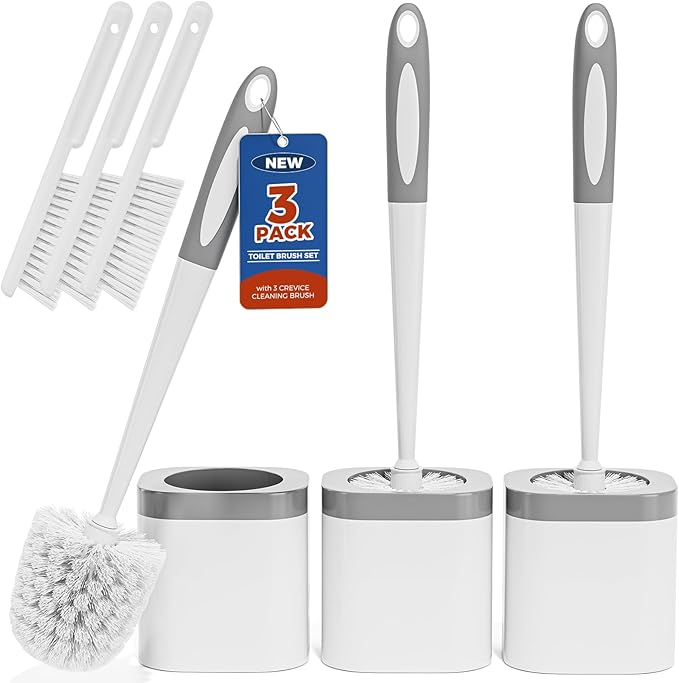 Holaloha Toilet Brush and Holder Set, Space Saving, 3 Pack, White | Bathroom Accessories, Ergonomic Silicone Handle, Dense Bristles, Deep Cleaning, with 3 Crevice Brushes, Compact Design
