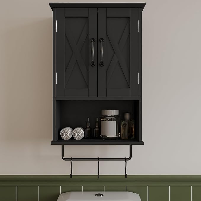 ChooChoo Farmhouse Medicine Cabinet, Bathroom Wall Cabinet with Adjustable Shelf, Towel Bar, 3 Hooks, Over The Toilet Storage Cabinet for Bathroom, Kitchen, 19.3''L, Black