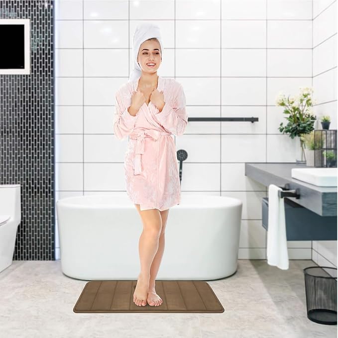RUN HELIX Brown Bathroom Rugs Memory Foam Bath Mat Set 3 Piece Non-Slip Bath Rugs, Absorbent Shaggy Mats, Machine Wash,Perfect Plush Mats, Bathroom Carpets Set with U-Shaped Toilet Mat-Bedroom Rug