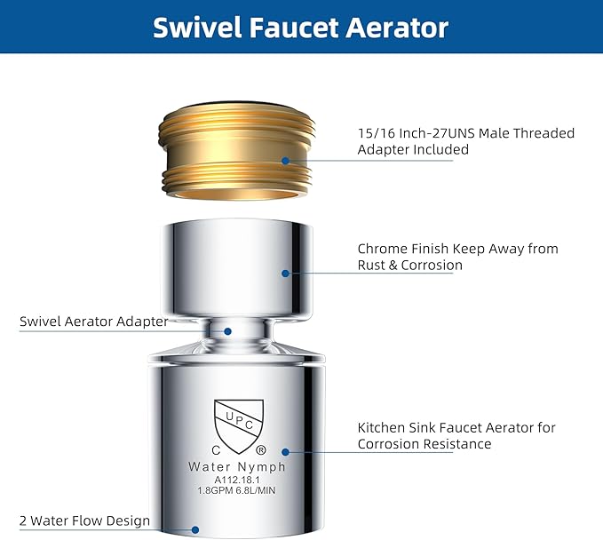 Hibbent NSF/ANSI/CAN 61 Certified Faucet Aerator, CUPC Certification 360° Swivel Kitchen Sink Aerator, Dual-function Sprayer Faucet Head, Faucet Replacement Part 55/64 Inch Female Thread - Chrome
