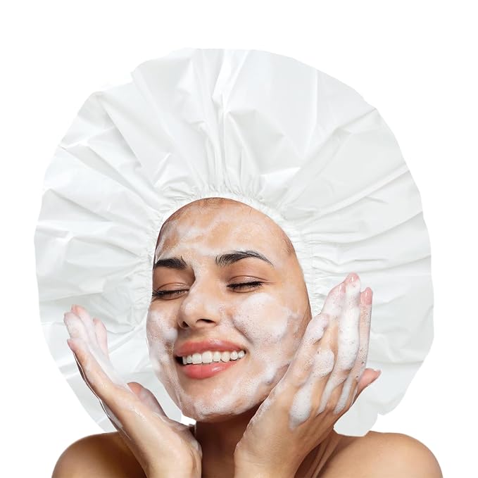 Super Jumbo Shower Cap for Women, 2 PCS Waterproof Hair Caps for Locs | Extra Large, Double Side Reusable PEVA Bath Cap, Washable, Holds Long Thick Twist Braid - Black + White