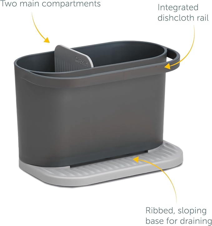 ReBorn Recycled Sink Organizer, Kitchen Sink Organizer, Two Main Compartments, Integrated Dish Cloth Rail, Ribbed and Sloped Base for Draining, Would Made in UK (Dark Grey)