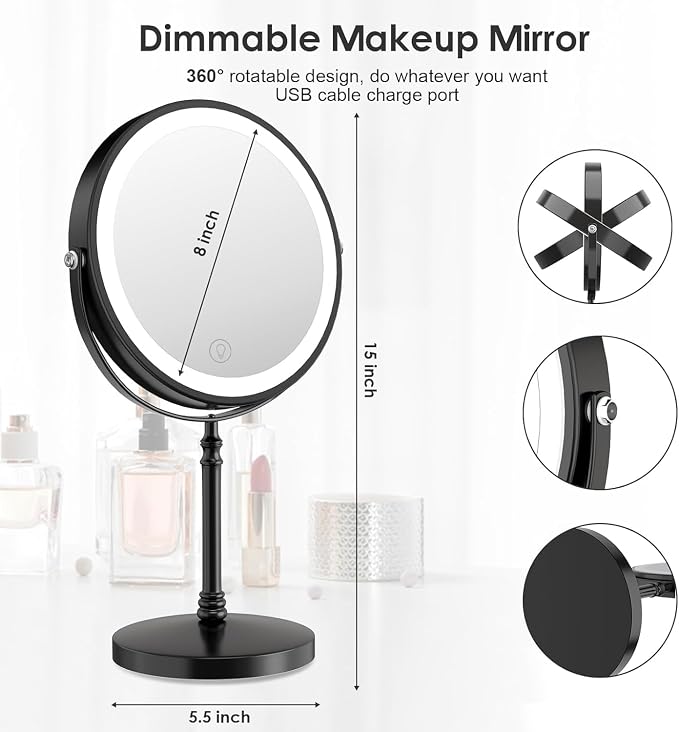DEIOVWXS Makeup Mirror, Rechargeable Vanity Mirror with 3 Lights, 1X/10X | Adjustable Brightness, 3000mAh, Double-Sided, Gift for Mom, Women, Wife, Girls, Dorm Room Essential
