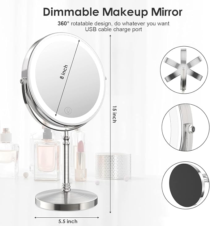 DEIOVWXS Makeup Mirror, Rechargeable Vanity Mirror with 3 Lights, 1X/10X | Adjustable Brightness, 3000mAh, Double-Sided, Gift for Mom, Women, Wife, Girls, Dorm Room Essential