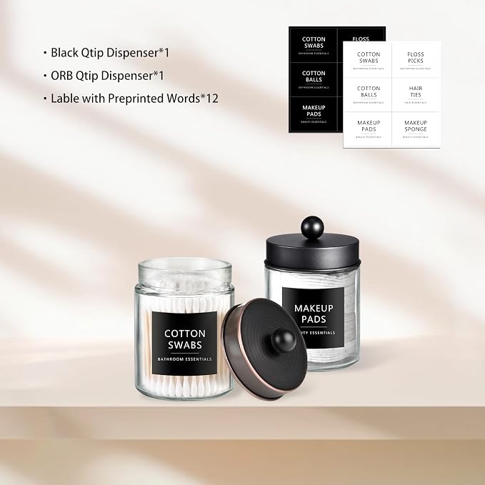 SheeChung 2 Pack Glass Qtip Holder with ORB & Black Stainless Steel Lids | Apothecary Jars with Stickers, Countertop Canister Guest Bathroom Storage Organizer Set for Cotton Swabs/Balls, Floss Picks