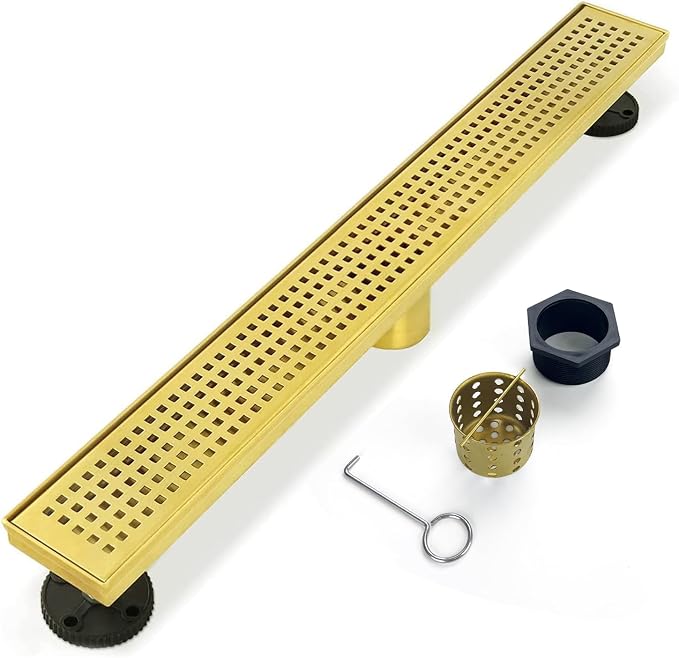 Linear Shower Drain, 24 inch Gold Drain with Removable Grate Cover, Brushed 304 Stainless Steel Shower Floor Drain, Linear Drain with Hair Strainer and Adjustable Feet