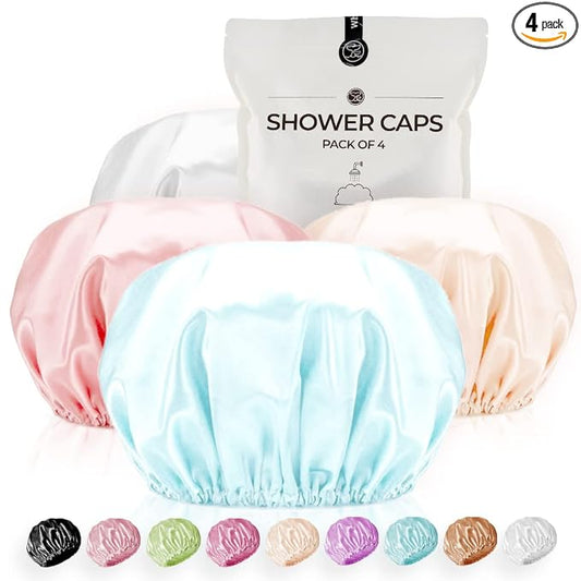 Shower Caps Satin Lined Waterproof for Women Men - 4Pc Light Mixed Colors | Double Layer 100 Percent Dry Jumbo Oversized Fits Thick Hair Smooth Lining Prevents Hair Frizz Snug Elastic Band No Pressure