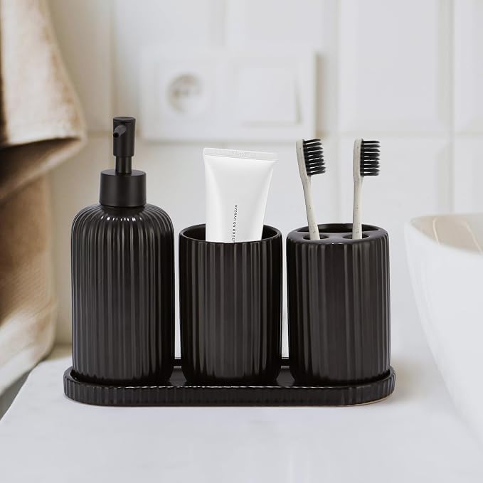 Black Bathroom Accessories Set, 4PC Ceramic Bathroom Sets Complete-Toothbrush Holders, Soap Dispenser, Vanity Tray, Toothbrush Cup, Sleek Black Bathroom Decor, Housewarming Gifts