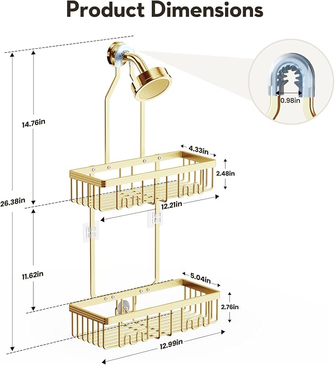 Shower Caddy Hanging, Never Rust Shower Organizer Hanging, Aluminum Shower Racks for Inside Shower with Hooks for Razor, Bathroom Organizers and Storage with Soap Holder, Gold