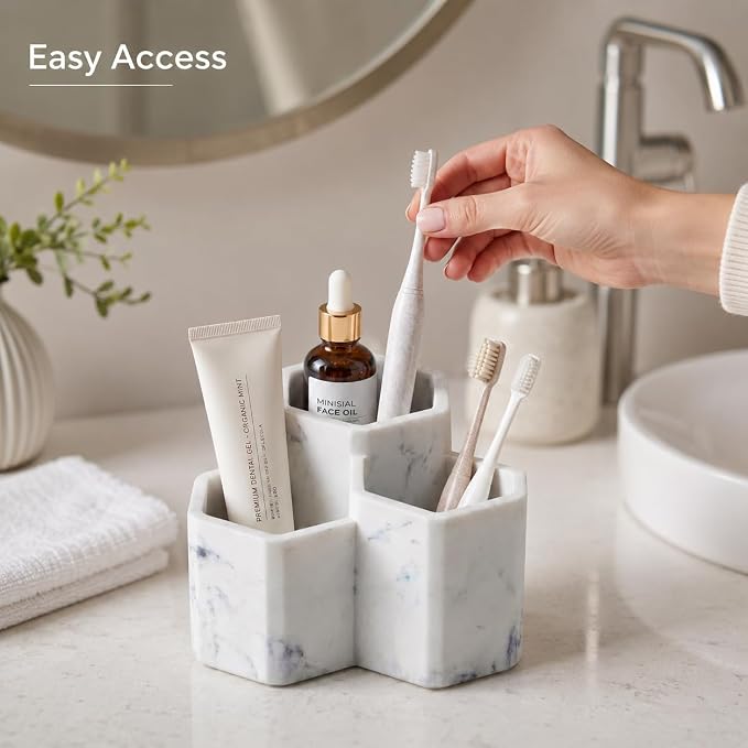 Resin Toothbrush Holder, 3-Slot Bathroom Countertop Organizer | 3-slot resin holder organizes toothbrushes, toothpaste, razors, and makeup brushes for bathroom vanity, countertop, or shower