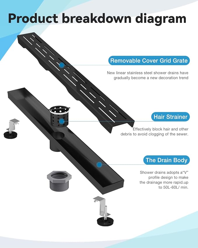 Shower Drain Stainless Steel for Bathroom: Black Linear Shower Drain 36 Inch with Removable Brick Pattern Grate - Adjustable Rectangular Shower Floor Drain with Hair Strainer (Matte Black)