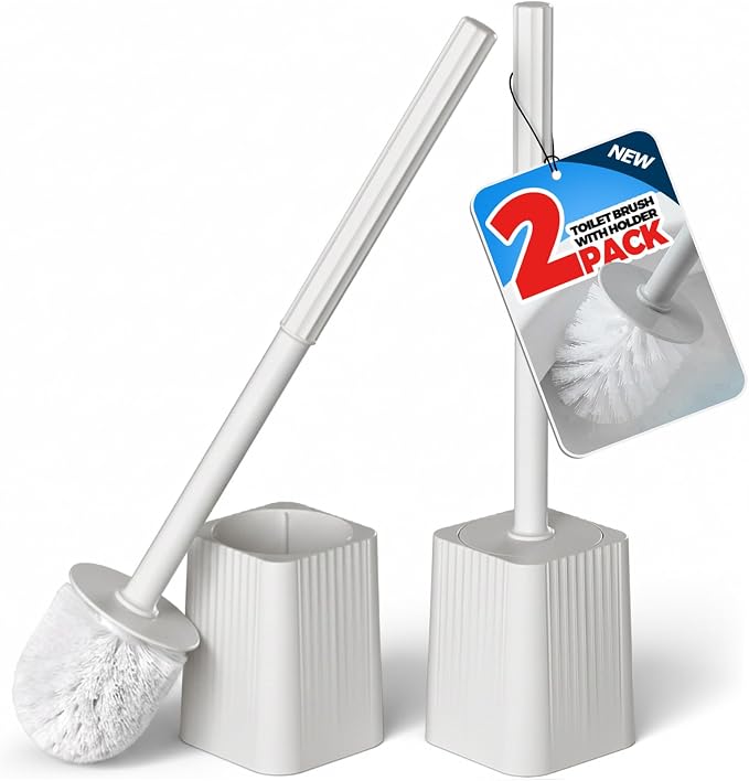 FORASTO 2Pack Toilet Bowl Brush and Holder Set - Restroom Cleaning Supplies | Ergonomic Handle, Bathroom Decor Accessories, Apartment Must Haves, Home Essentials, Cleaning Supplies, Light Gray