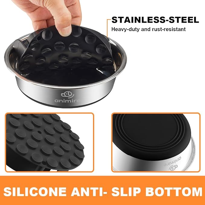 2-in-1 Metal Dog Bowl with Slow Feeder Insert, Stainless Steel Dog Bowls Food Grade 304, Water Food Bowl with Anti-Slip Silicone Base for Small, Medium, Large Dogs