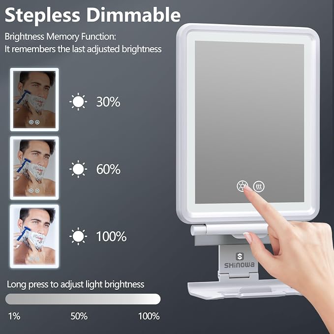 Heated Shower Mirror Fogless for Shaving, Anti-Fog Mirror for Shower | 3 Colors Stepless Dimmable Lights, 5000mAh Rechargeable Battery with Razor Holder, No-Drilling, Light Memory Function