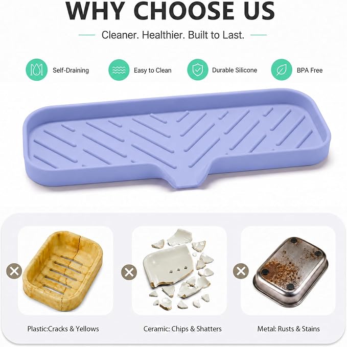 MicoYang Silicone Soap Dish with Drain Spout — Self-Draining Double Sink Organizer Tray for Kitchen & Bath, Dispensers, Sponges & Soap Holder, Non-Slip & Dishwasher Safe, Light Purple (Large, 12"×4")