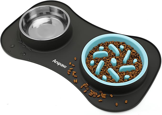 Slow Feeder Dog Bowls 3 in 1 Stainless Steel Food Water Bowl to Slow Eating | Durable, Non-spill & Non-skid with Silicone Mat Design, Slow Down Eating, Suitable for Small Medium Large Dogs and Cats