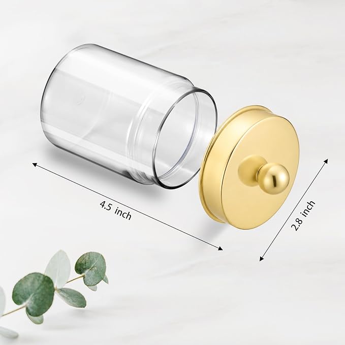 Amolliar Acrylic Apothecary Jar Bathroom Qtip Holder Gold 6 Pack | for Bathroom Storage Vanity , Countertop, Farmhouse Style, Holds Cotton Swabs, Dental Floss, Makeup Sponges,Gold Decor