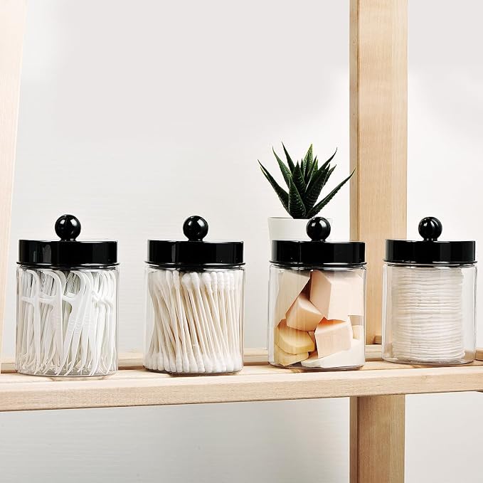 Amolliar Acrylic Apothecary Jar Bathroom Qtip Holder Black 4 Pack | for Bathroom Storage Vanity , Countertop, Farmhouse Style, Holds Cotton Swabs, Dental Floss, Makeup Sponges,Home Decor