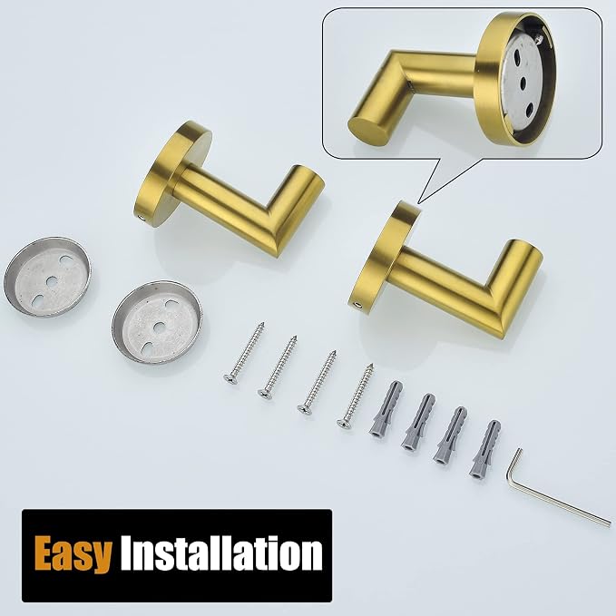 2 Pack Bath Towel Hook, Gold Robe Hook Stainless Steel Bathroom Clothes Coat Hook Wall Mounted Brushed Gold,96018-8BG.