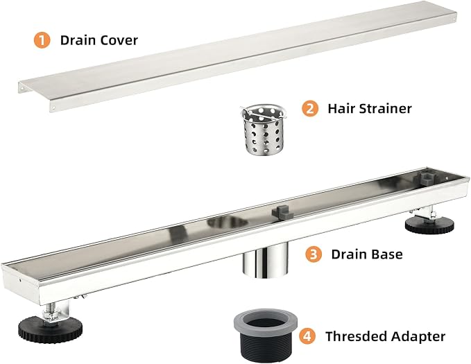 Linear Shower Drain ，18 Inch Brushed 304 Stainless Steel Rectangle Shower Floor Drain，with Reversable Tile-inPattern Drain Cover & Hair Catcher, Adjustable Feet