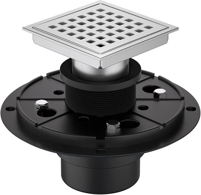 4-3/8 Inch Square Shower Drain Chrome, Bathroom Floor Drain, Stainless Steel Drain Kit with ABS Flange, Removable Grid Cover, Hair Strainer